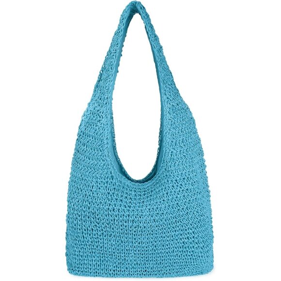 Women's Blue Large Straw Beach Bag Handmade Woven Shoulder Hobo Tote Handbag - Picture 1 of 5